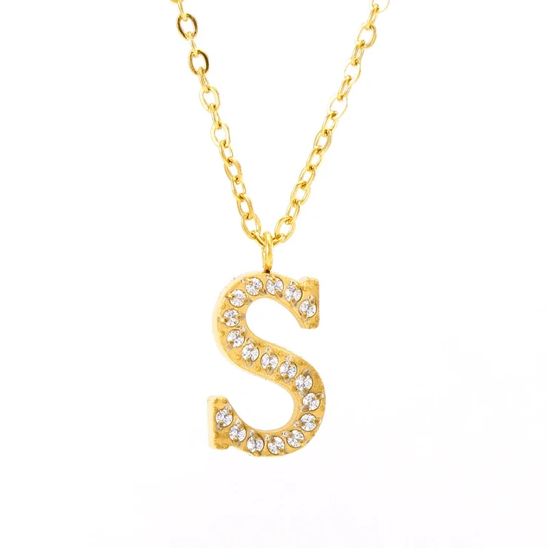 Sparkling Gold PVD Pavé Initial Pendant Necklace - Letter S
