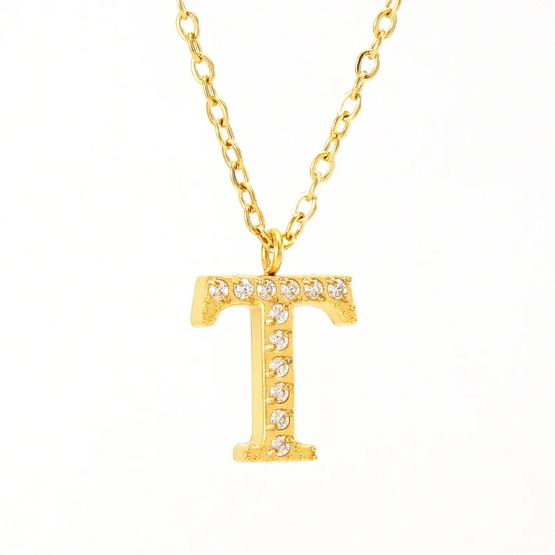 Sparkling Gold PVD Pavé Initial Pendant Necklace - Letter T