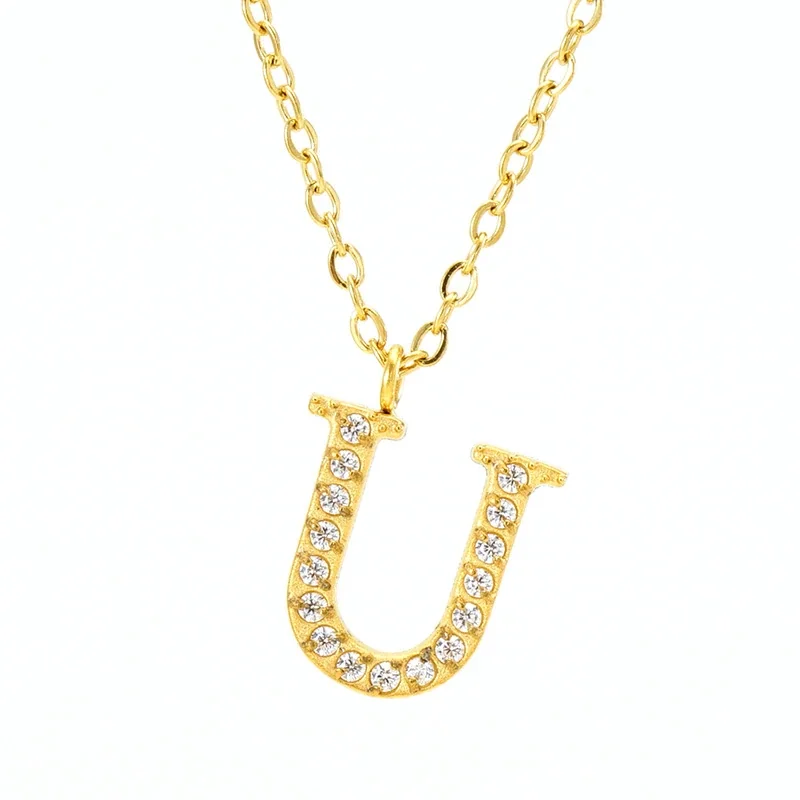 Sparkling Gold PVD Pavé Initial Pendant Necklace - Letter U