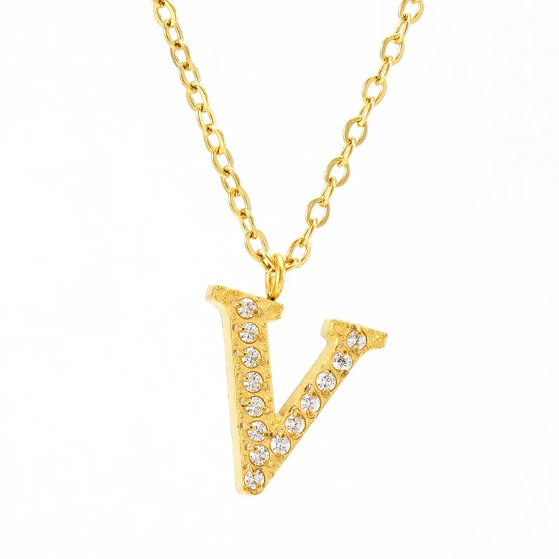 Sparkling Gold PVD Pavé Initial Pendant Necklace - Letter V