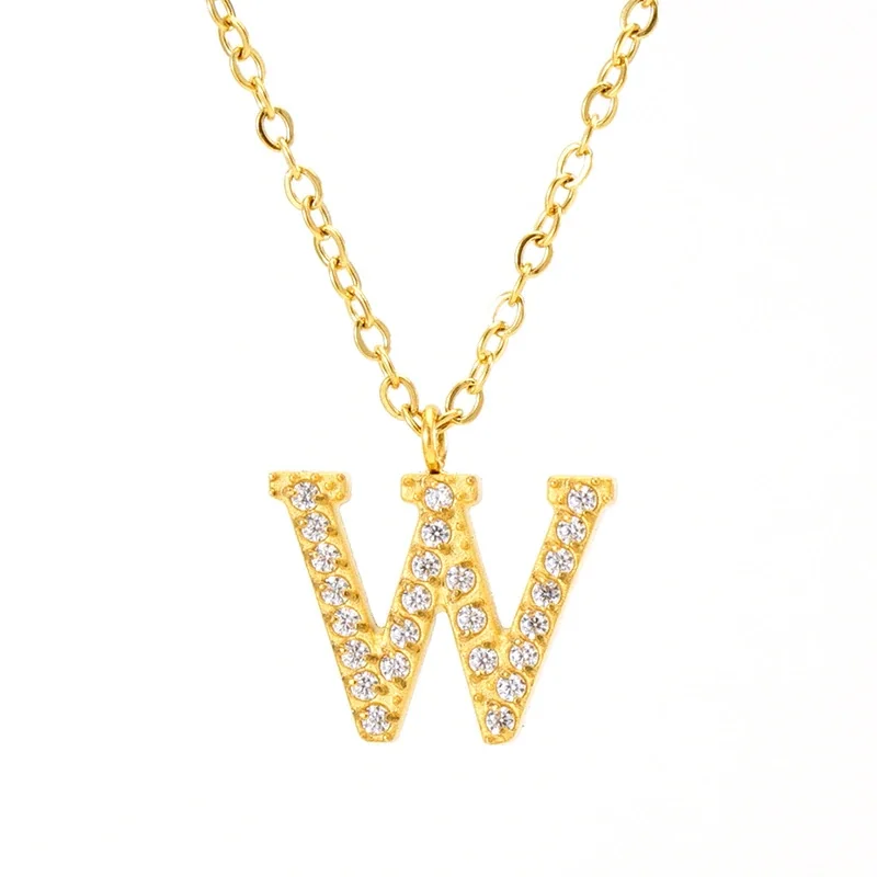 Sparkling Gold PVD Pavé Initial Pendant Necklace - Letter W