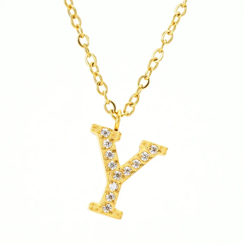 Sparkling Gold PVD Pavé Initial Pendant Necklace - Letter Y
