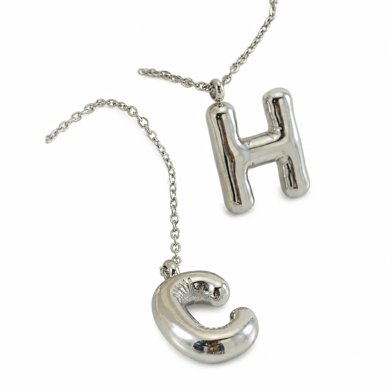 Puffy Silver-Tone Bubble Letter Pendant Necklace