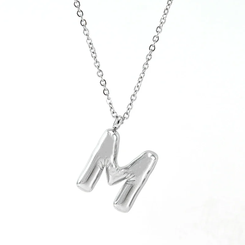 Puffy Silver-Tone Bubble Letter Pendant Necklace - Silver M