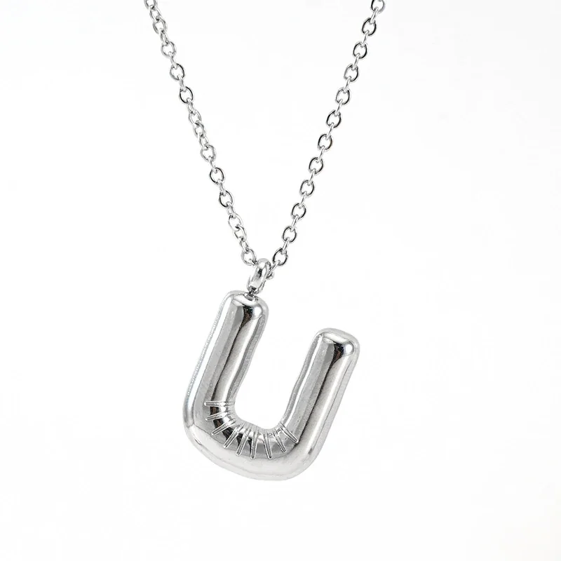 Puffy Silver-Tone Bubble Letter Pendant Necklace - Silver U