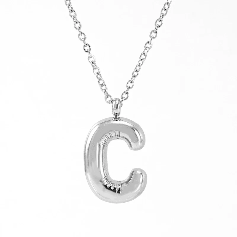 Puffy Silver-Tone Bubble Letter Pendant Necklace - Silver C