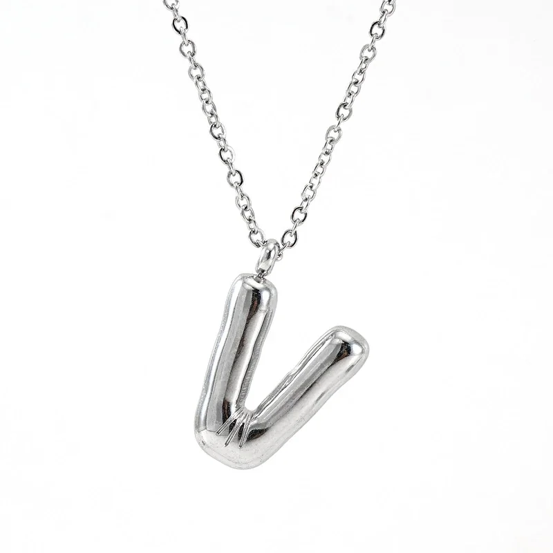 Puffy Silver-Tone Bubble Letter Pendant Necklace - Silver V