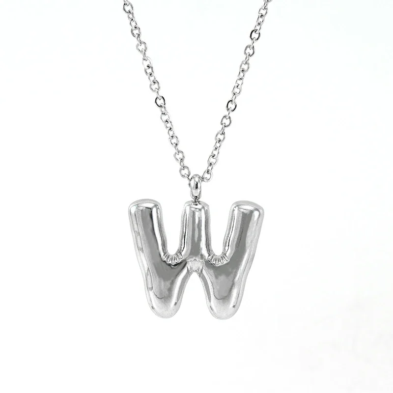 Puffy Silver-Tone Bubble Letter Pendant Necklace - Silver W