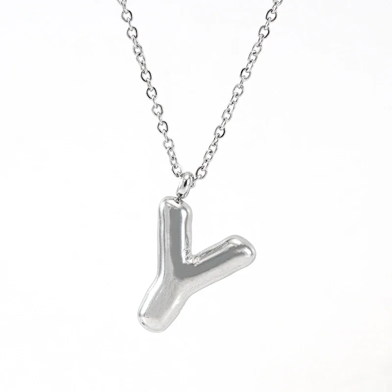 Puffy Silver-Tone Bubble Letter Pendant Necklace - Silver Y
