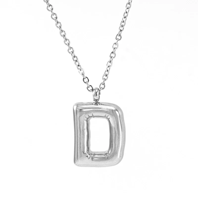 Puffy Silver-Tone Bubble Letter Pendant Necklace - Silver D
