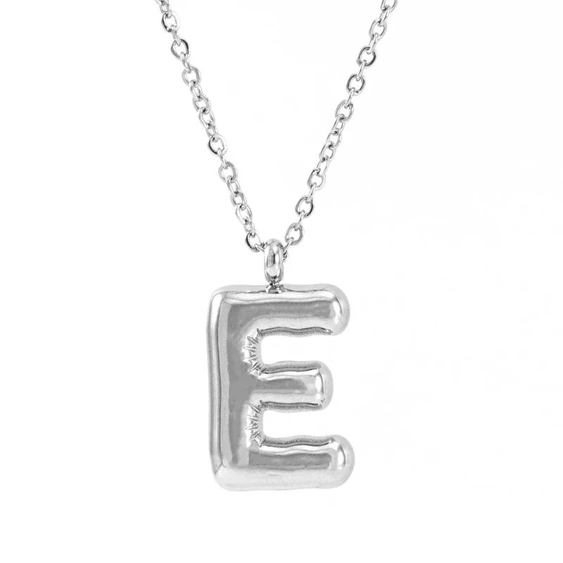 Puffy Silver-Tone Bubble Letter Pendant Necklace - Silver E