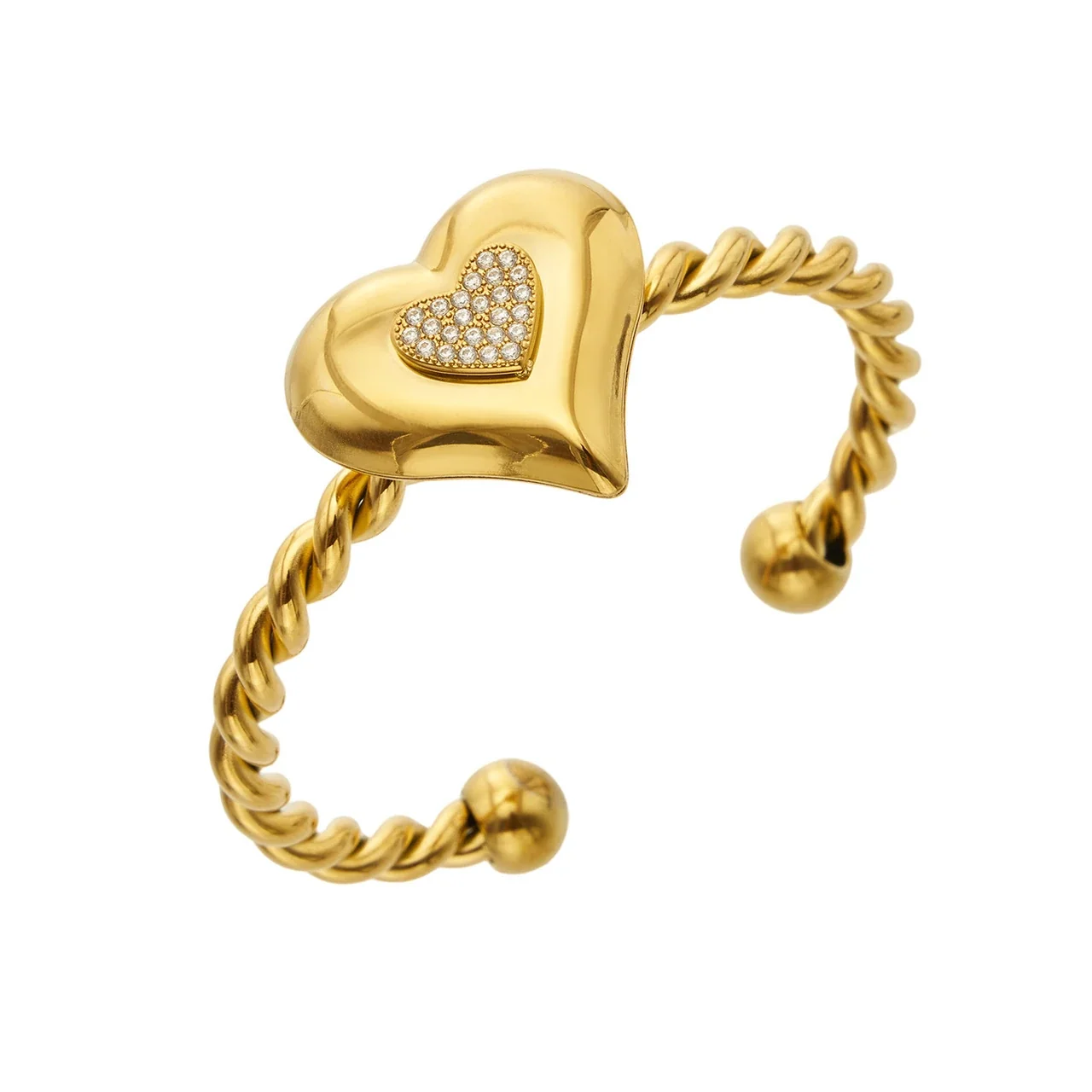 Puffed Gold PVD Heart Twisted Open Cuff Stainless Steel Bracelet