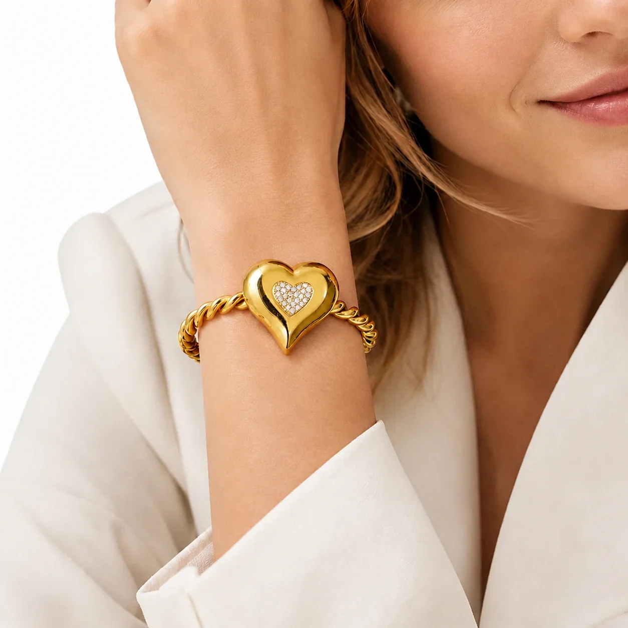 Puffed Gold-Plated Heart Twisted Open Cuff Bracelet