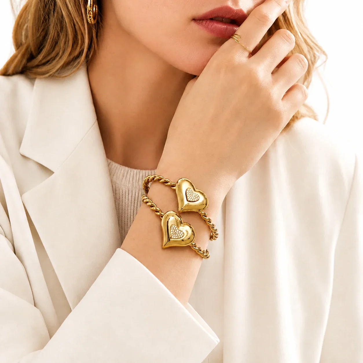 Puffed Gold-Plated Heart Twisted Open Cuff Bracelet