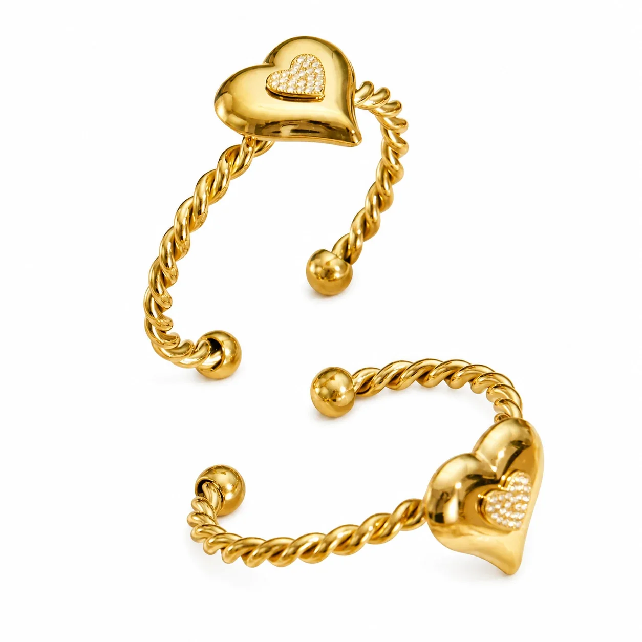 Puffed Gold-Plated Heart Twisted Open Cuff Bracelet