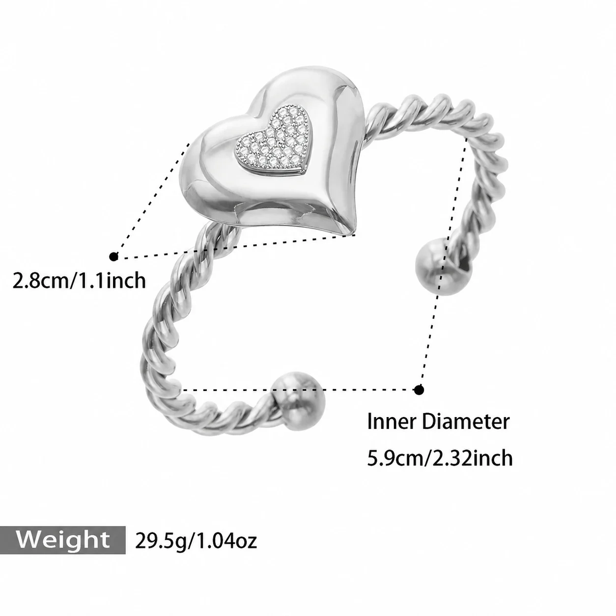 Puffed Gold-Plated Heart Twisted Open Cuff Bracelet - Silver