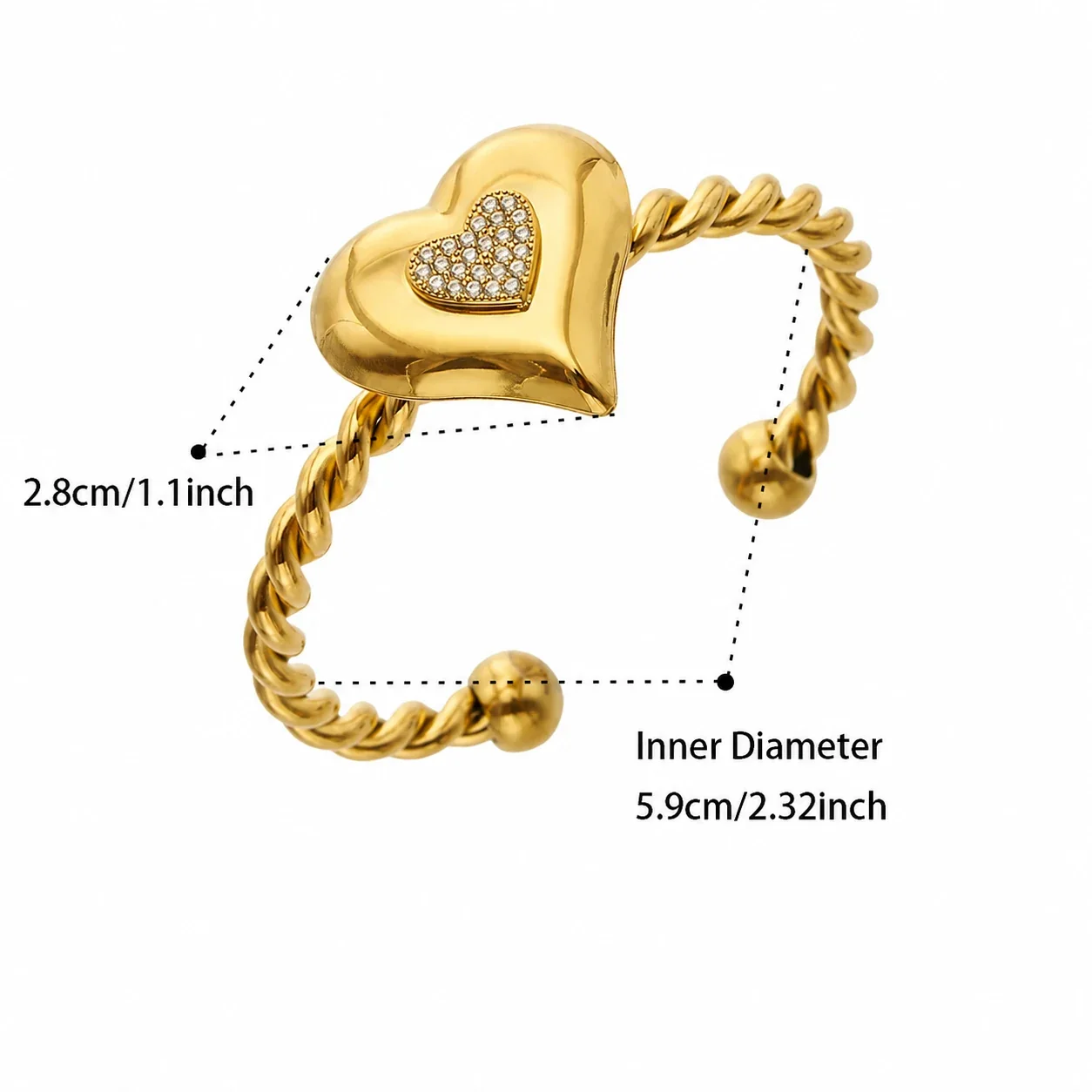 Puffed Gold-Plated Heart Twisted Open Cuff Bracelet - Gold