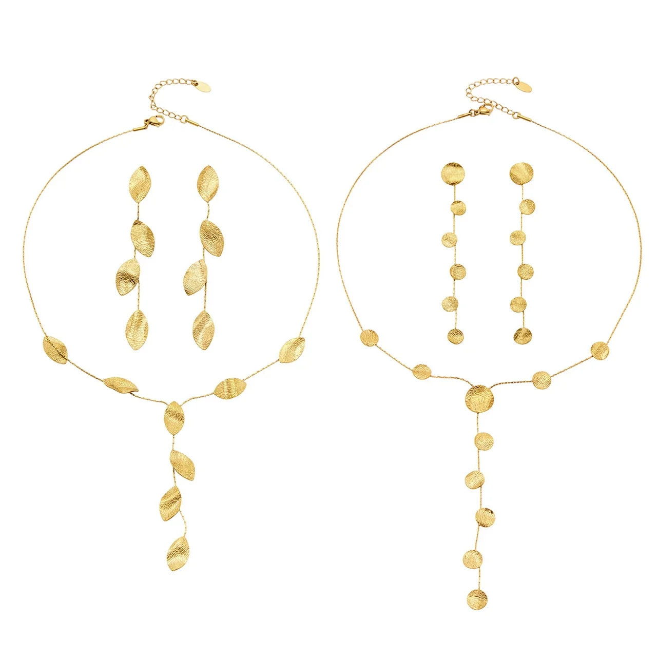 Hammered Disc & Leaf 18K Gold PVD 316L Stainless Steel Jewelry Set