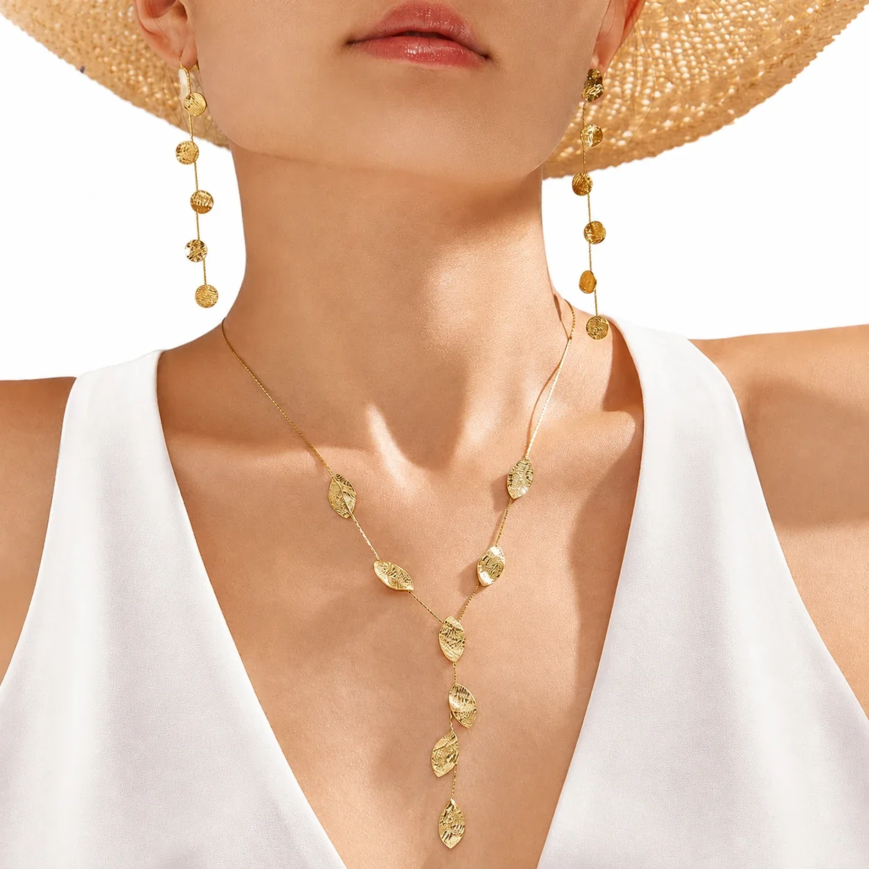 Hammered Disc & Leaf 18K Gold-Plated 316L Jewelry Set