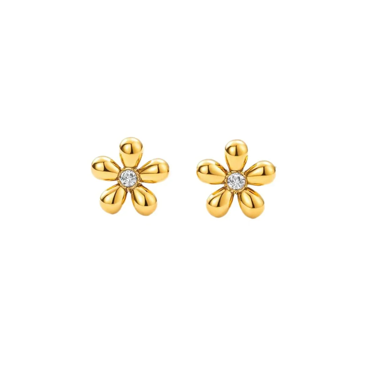 Kleine Gold-PVD-Ohrstecker aus Edelstahl mit fünf gewölbten Blütenblättern und Kristall - 316