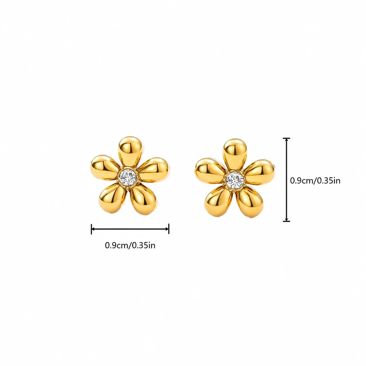 Photo produit : Petites boucles d'oreilles acier inoxydable fleur à cinq pétales bombés en cristal, finition or PVD - 316