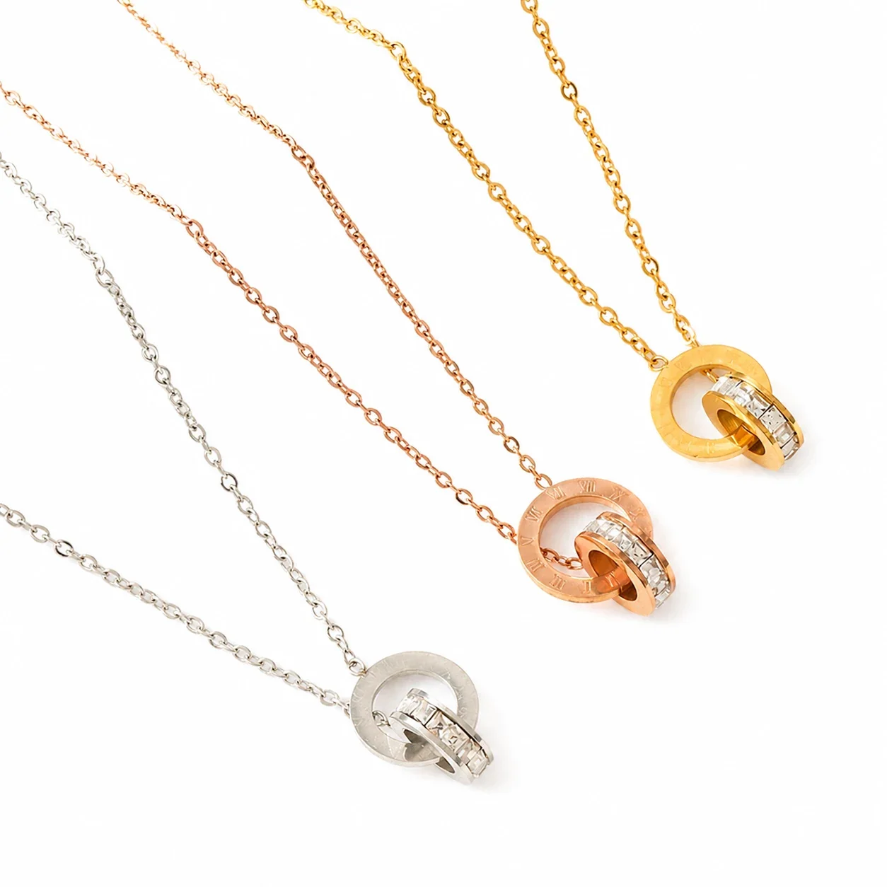 Polished Stainless Steel Roman Double Ring Necklace