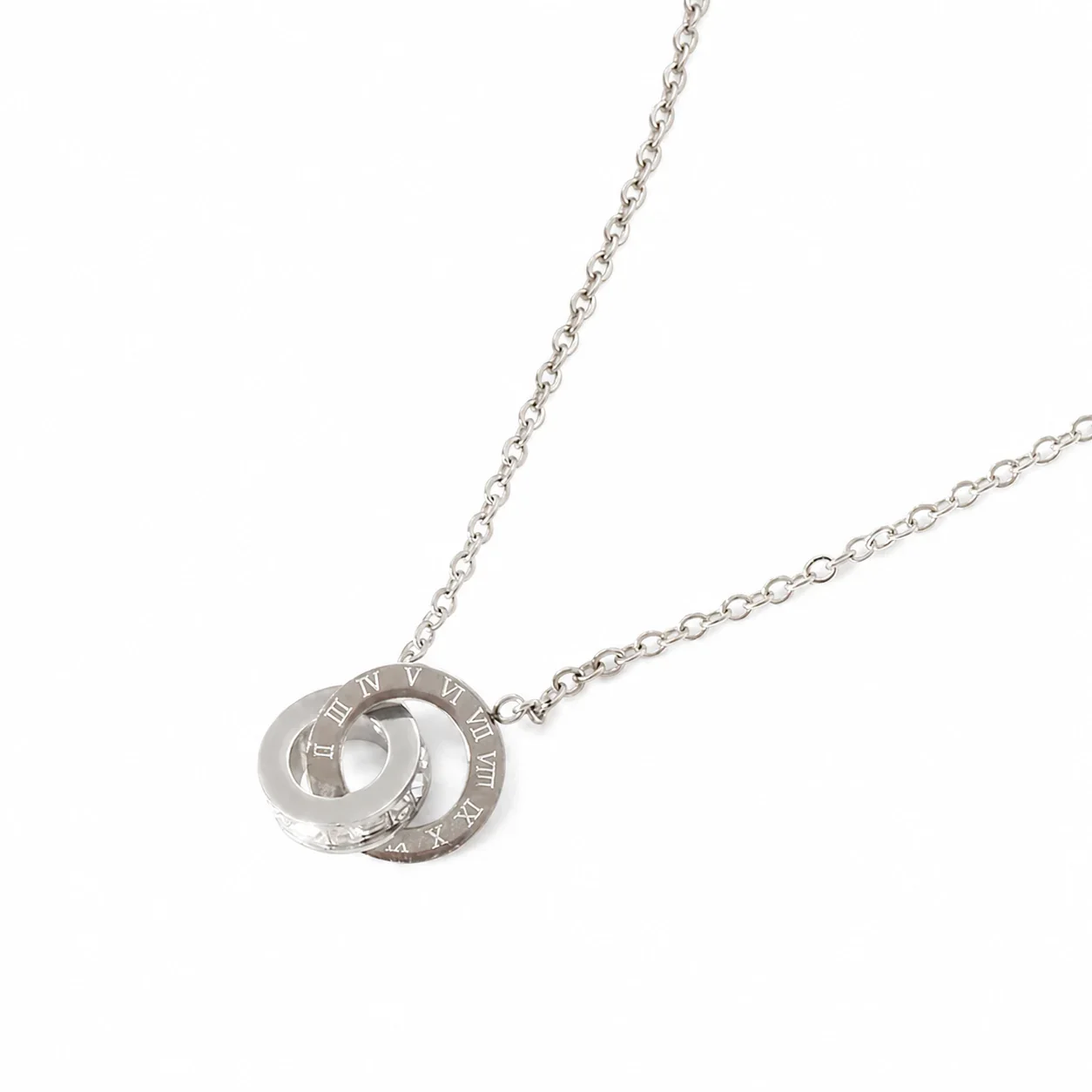 Polished Stainless Steel Roman Double Ring Necklace