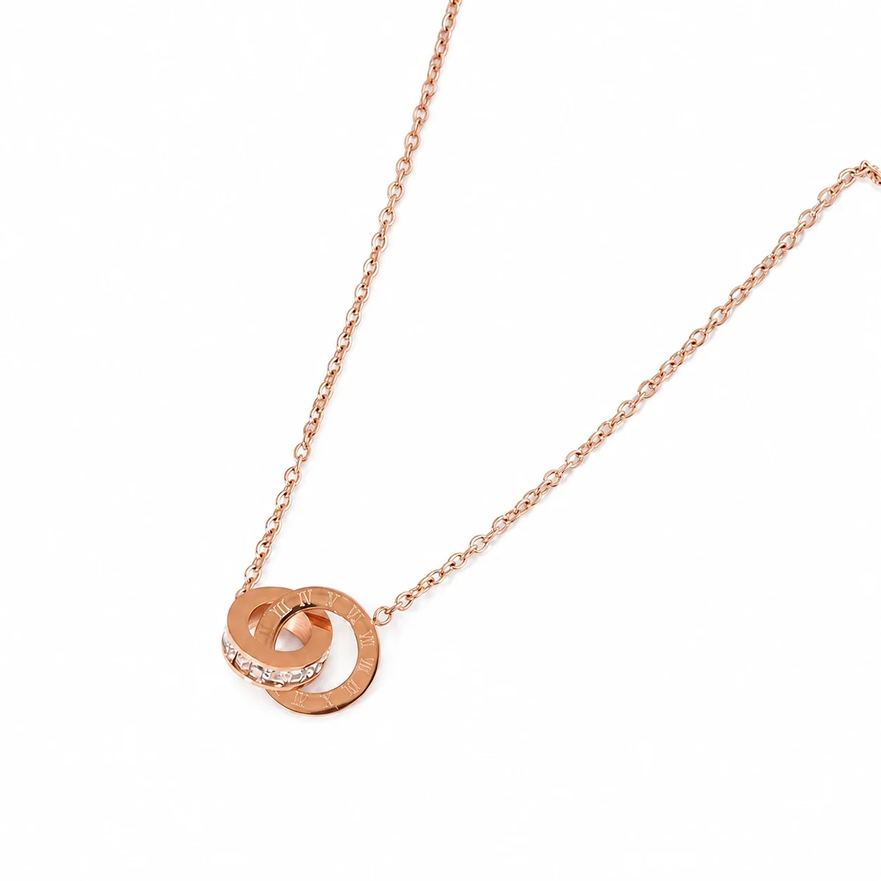 Polished Stainless Steel Roman Double Ring Necklace - Rose Gold Double