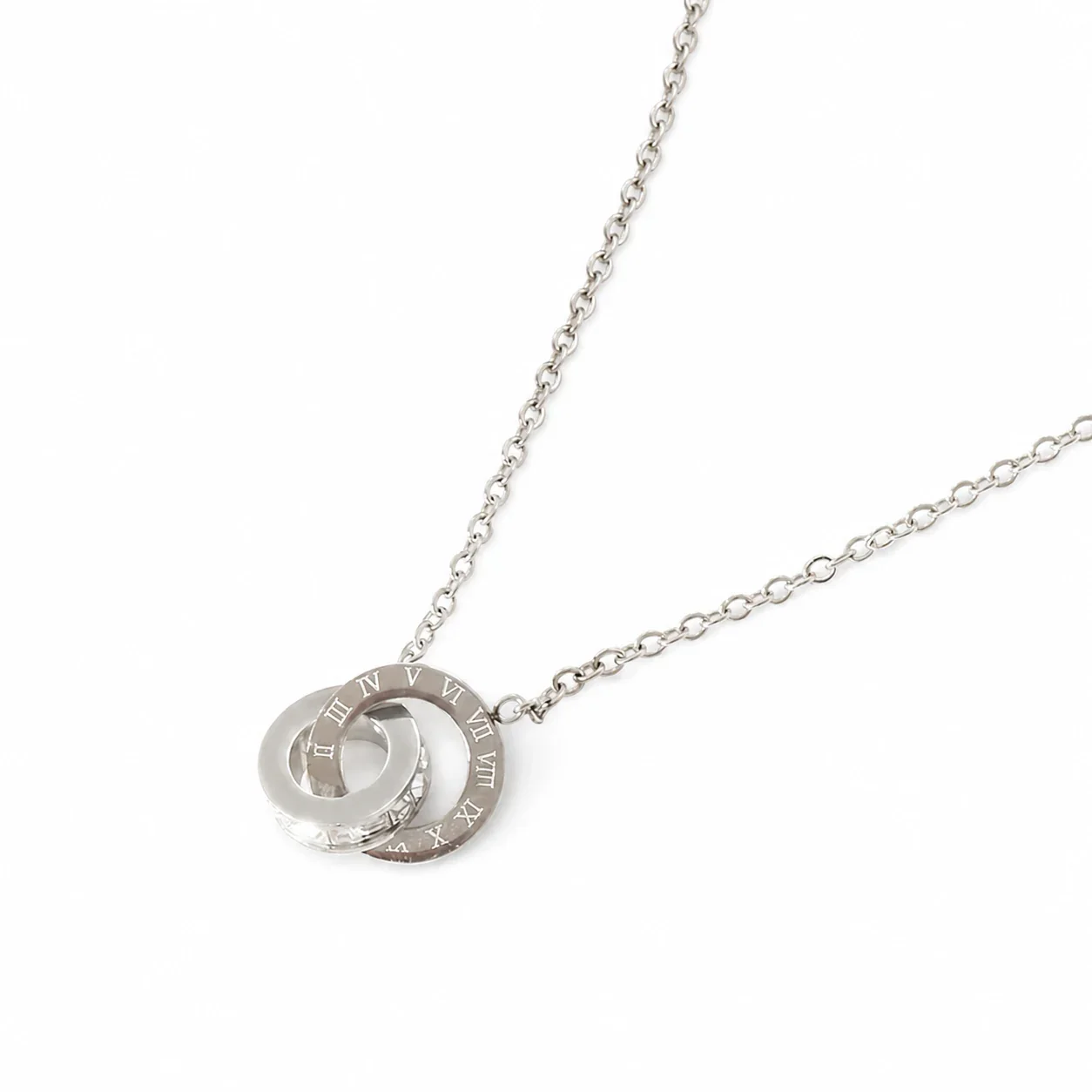 Polished Stainless Steel Roman Double Ring Necklace - Silver Double