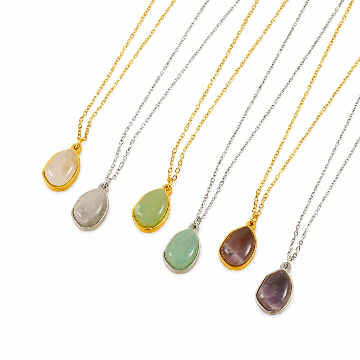 Organic Stainless Steel Oval Bezel Stone Pendant Necklace