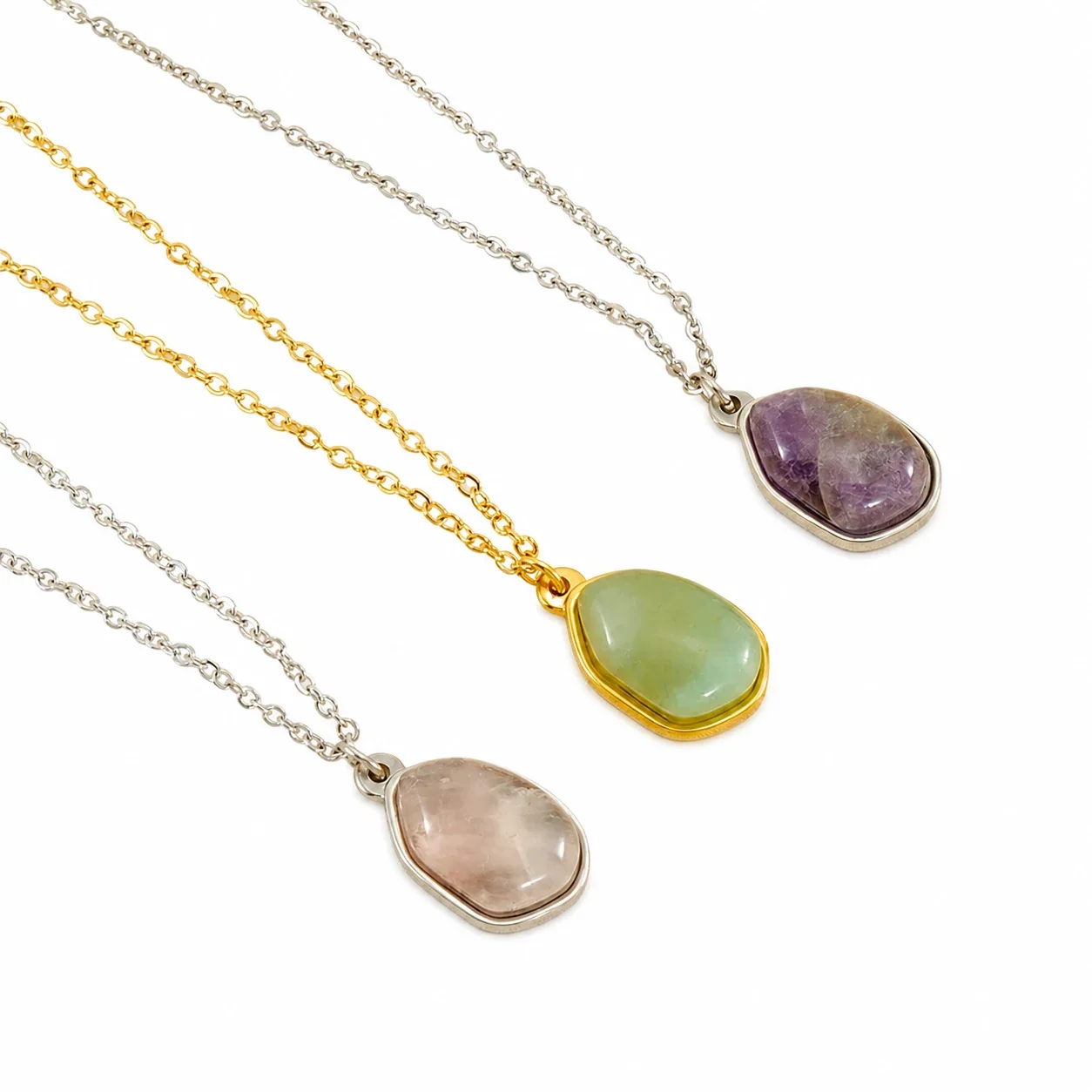 Organic Stainless Steel Oval Bezel Stone Pendant Necklace