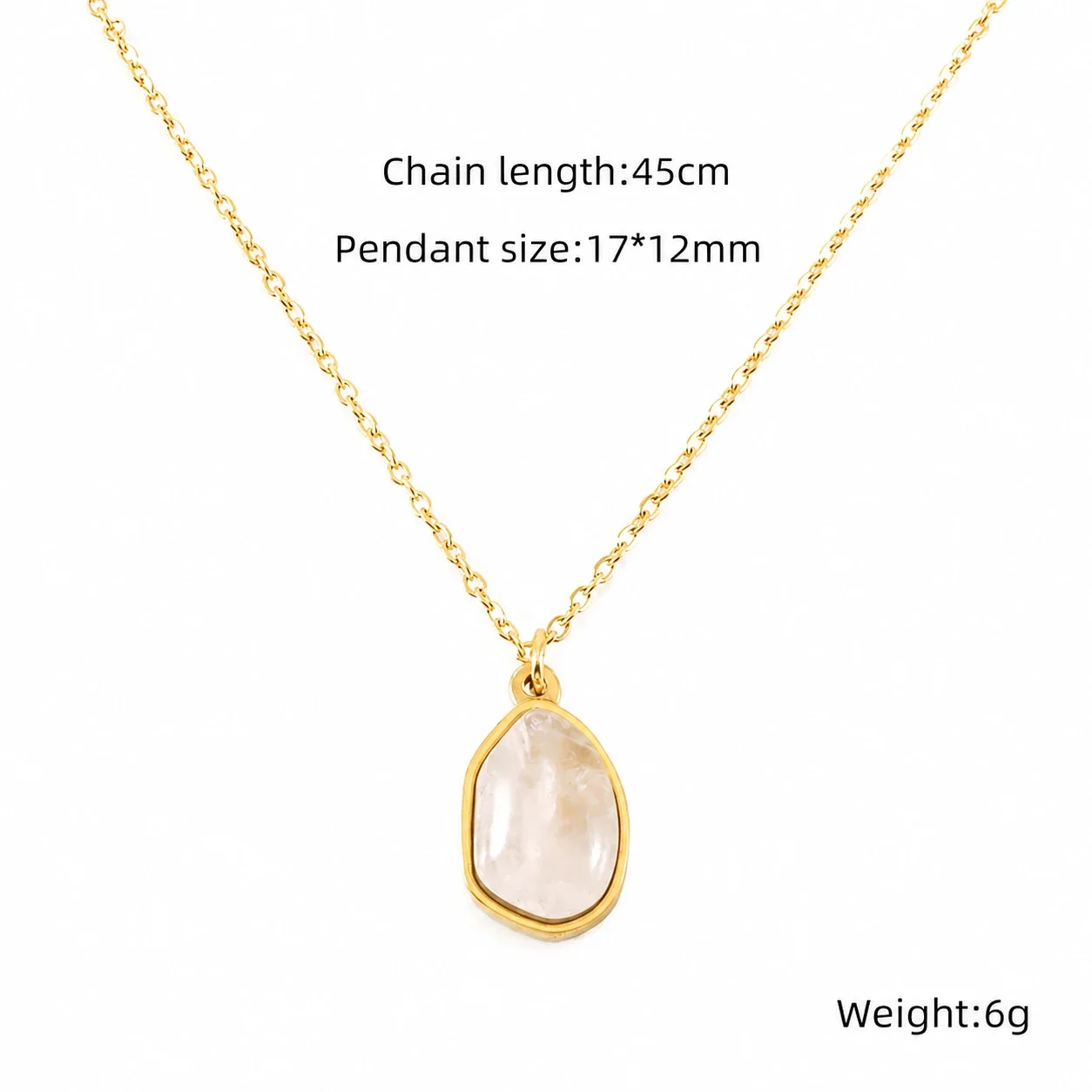 Organic Stainless Steel Oval Bezel Stone Pendant Necklace - Gold White Stone