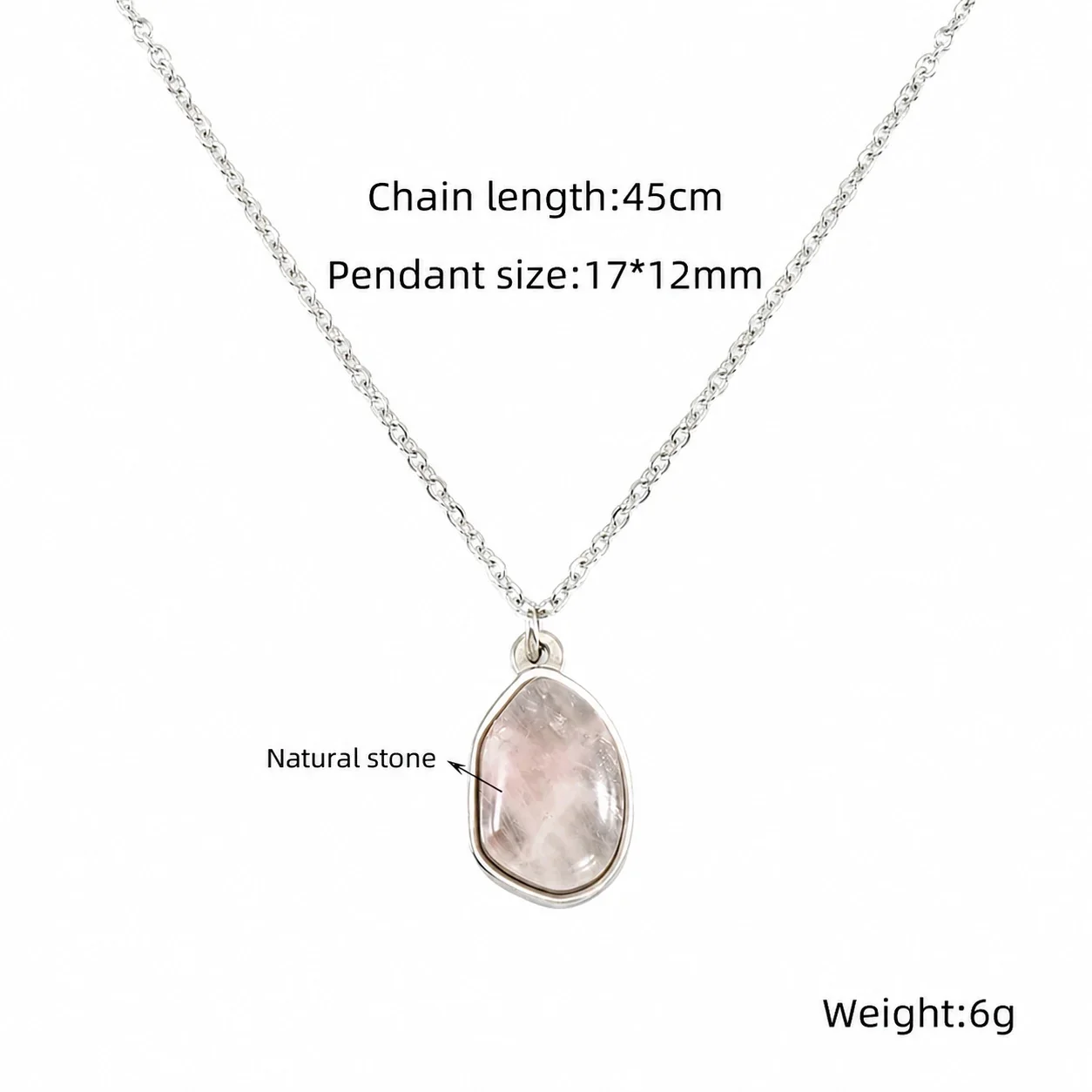 Organic Stainless Steel Oval Bezel Stone Pendant Necklace - Silver White Stone