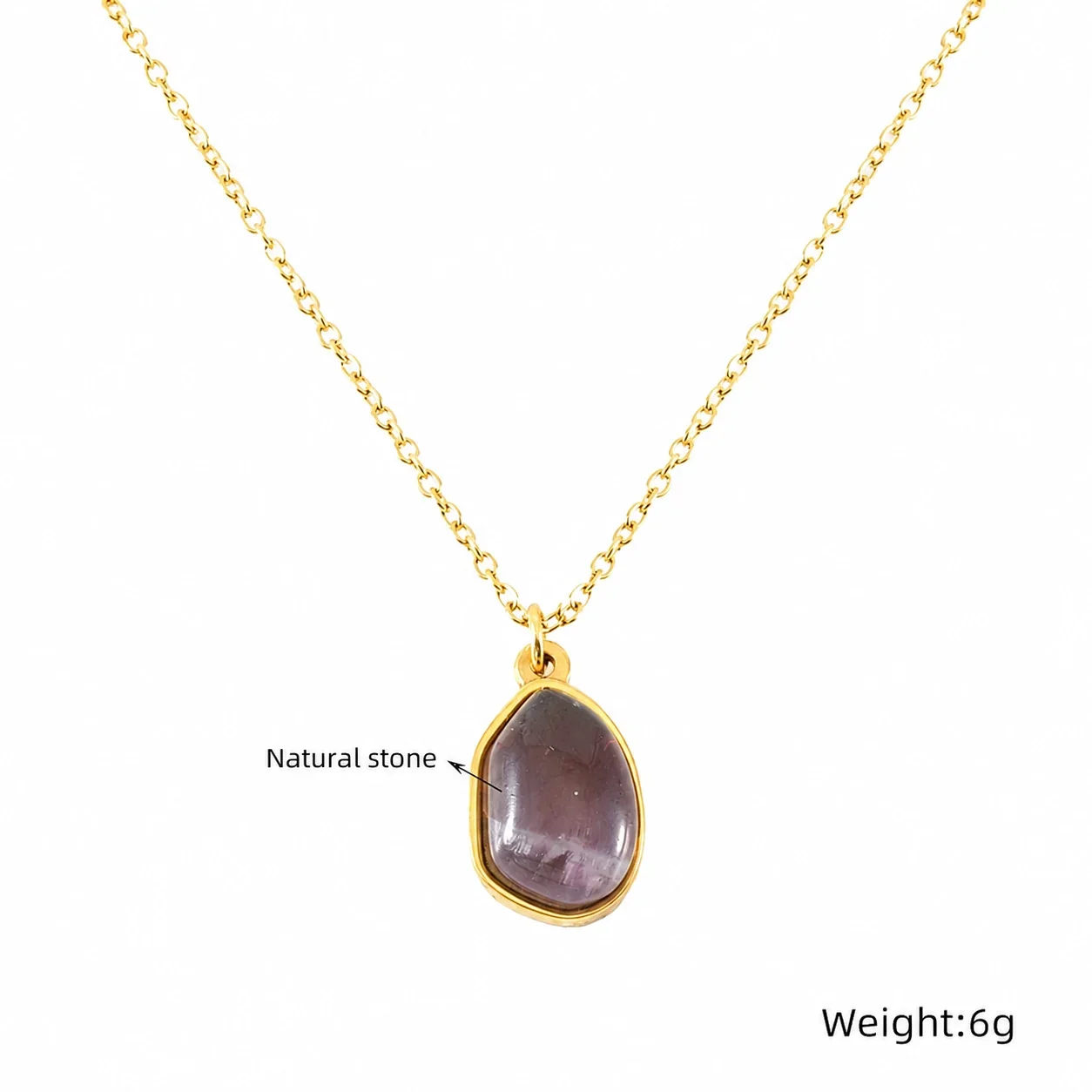 Organic Stainless Steel Oval Bezel Stone Pendant Necklace - Gold Purple Stone