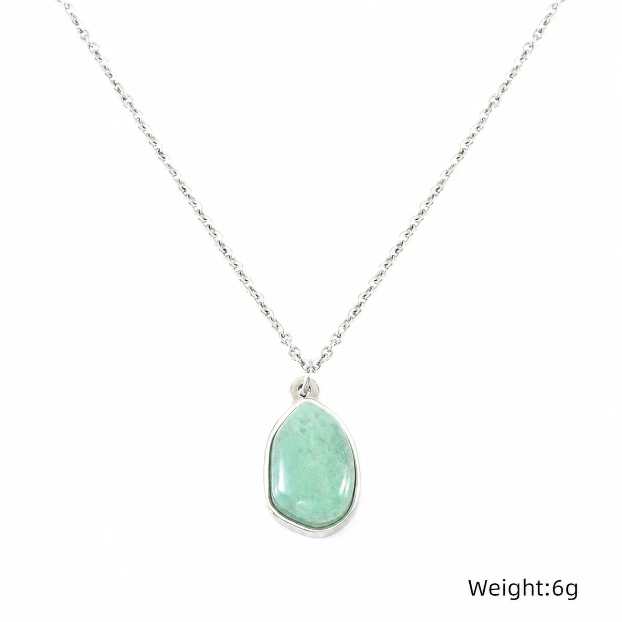 Organic Stainless Steel Oval Bezel Stone Pendant Necklace - Silver Green Stone
