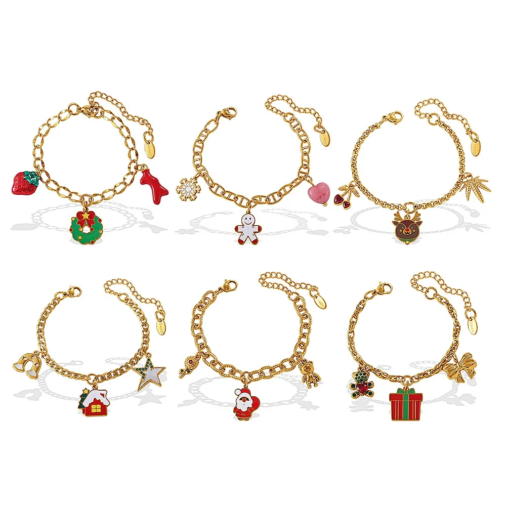 Christmas Charm Link Bracelet, 18K Gold-Plated Stainless Steel