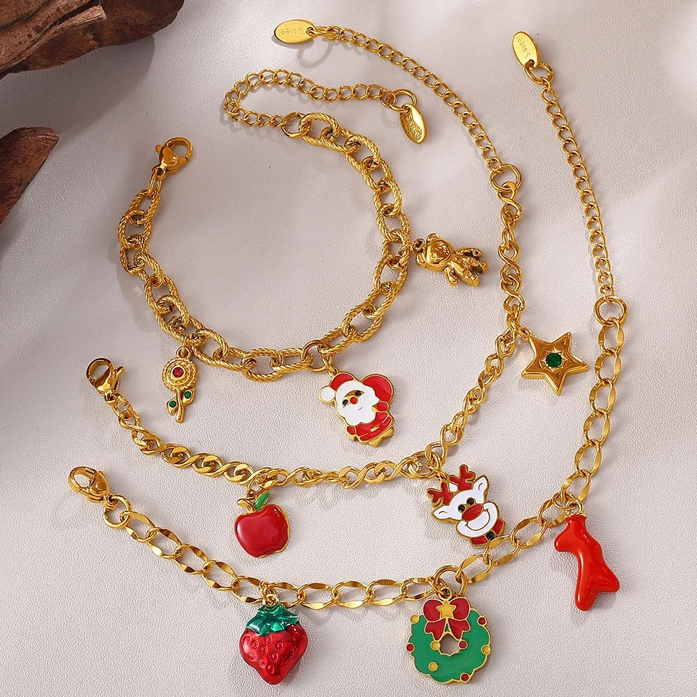 Christmas Charm Link Bracelet, 18K Gold-Plated Stainless Steel