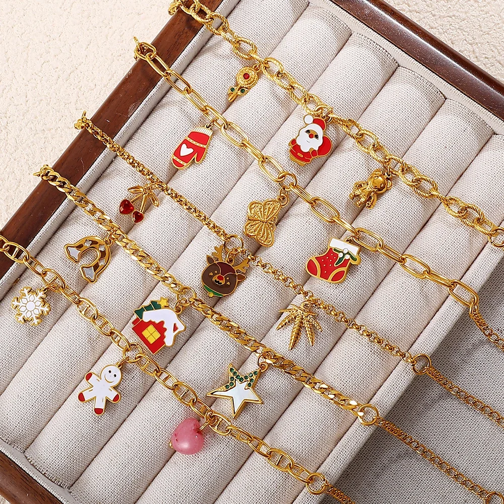 Christmas Charm Link Bracelet, 18K Gold-Plated Stainless Steel