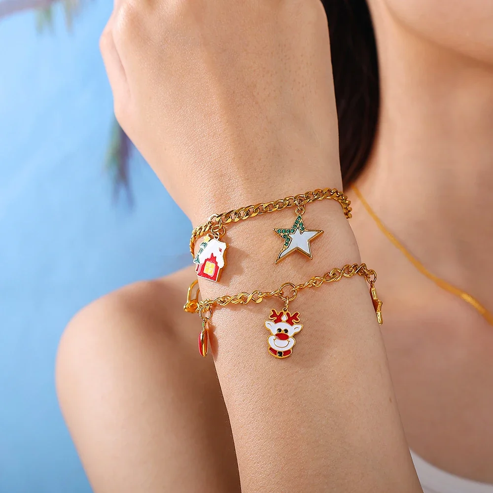 Christmas Charm Link Bracelet, 18K Gold-Plated Stainless Steel