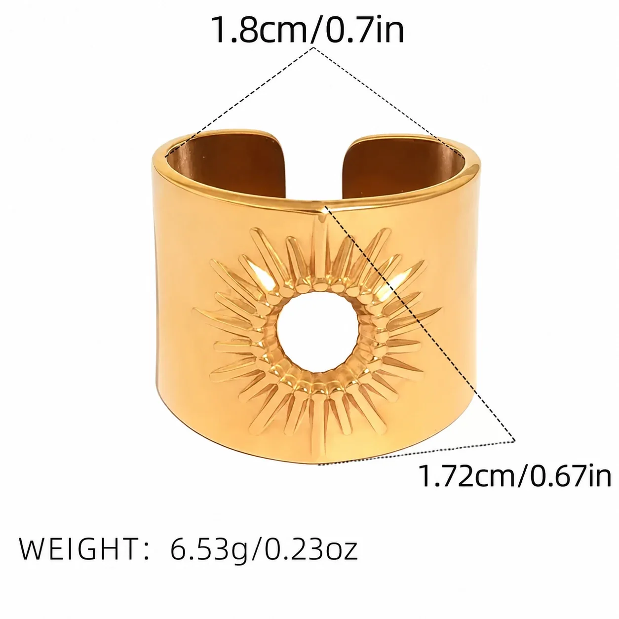 Ring: Zonnestraal Open Voorkant Brede Band van Roestvrij Staal, Goud PVD productfoto