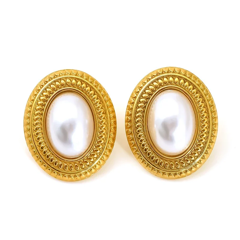 Vintage Gold Oval Faux Pearl Stud Earrings