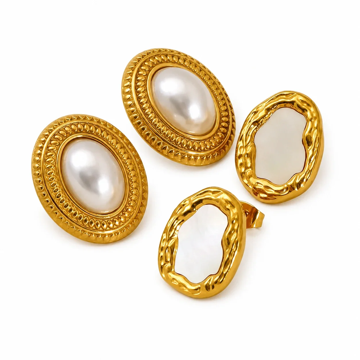 Vintage Gold Oval Faux Pearl Stud Earrings