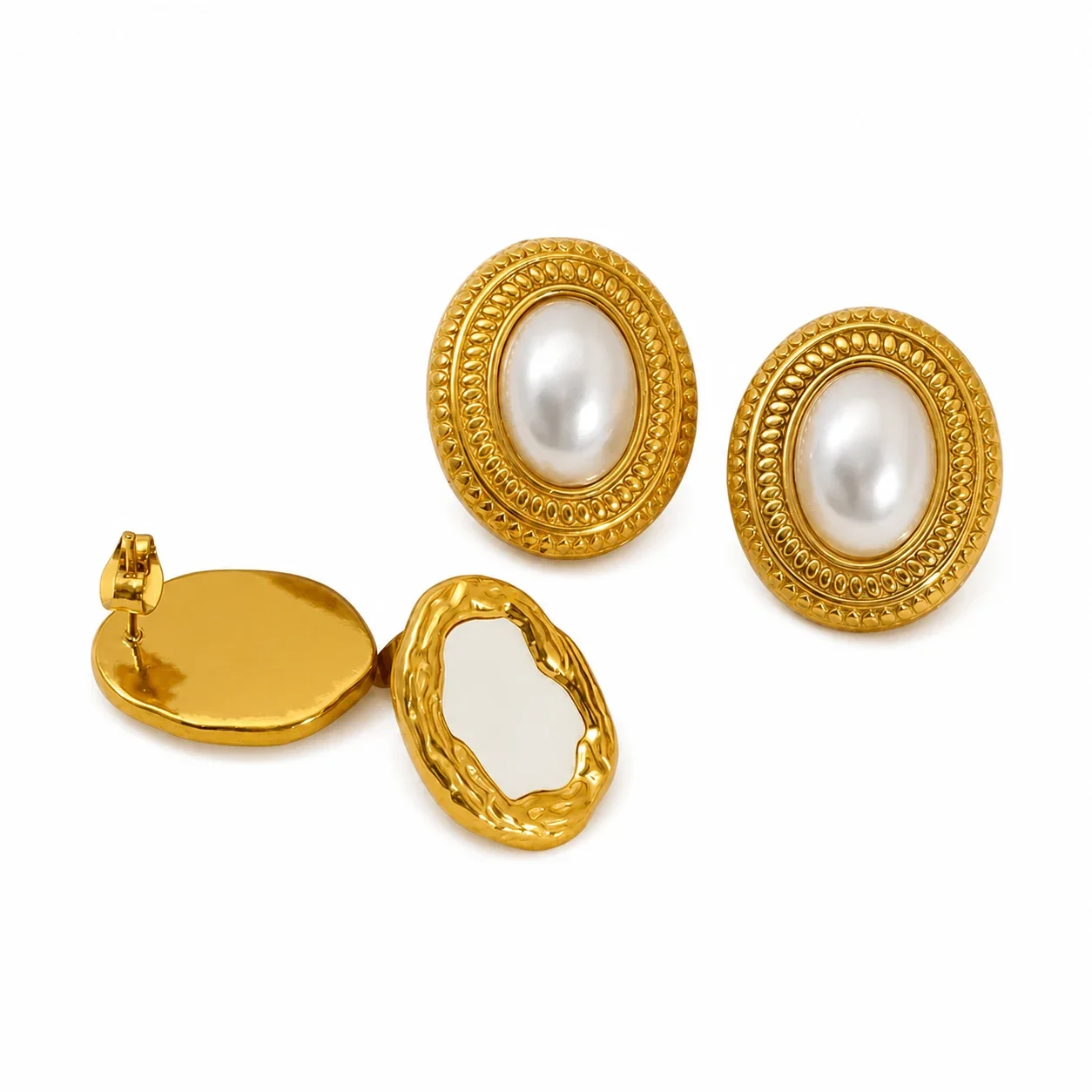 Vintage Gold Oval Faux Pearl Stud Earrings