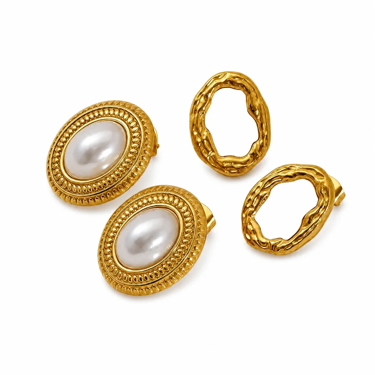 Vintage Gold Oval Faux Pearl Stud Earrings