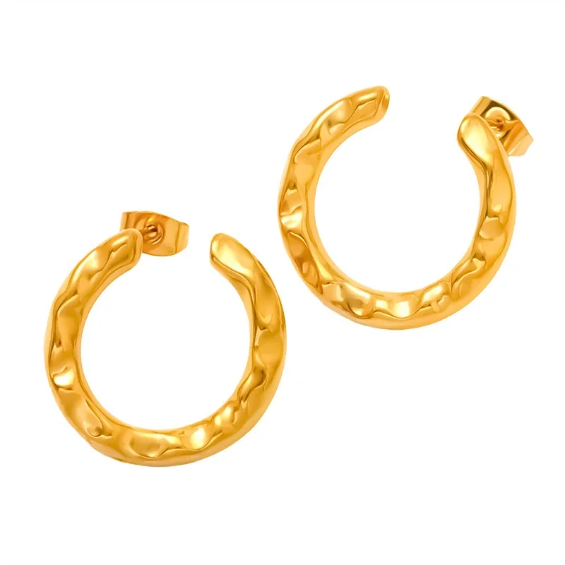 Hammered Gold-Plated Stainless Steel Open Hoop Earrings