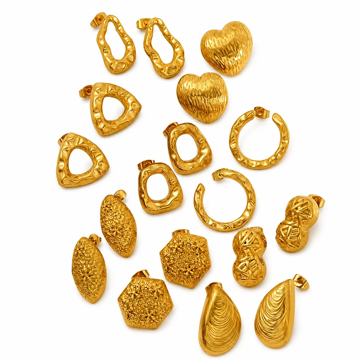 Hammered Gold-Plated Stainless Steel Open Hoop Earrings
