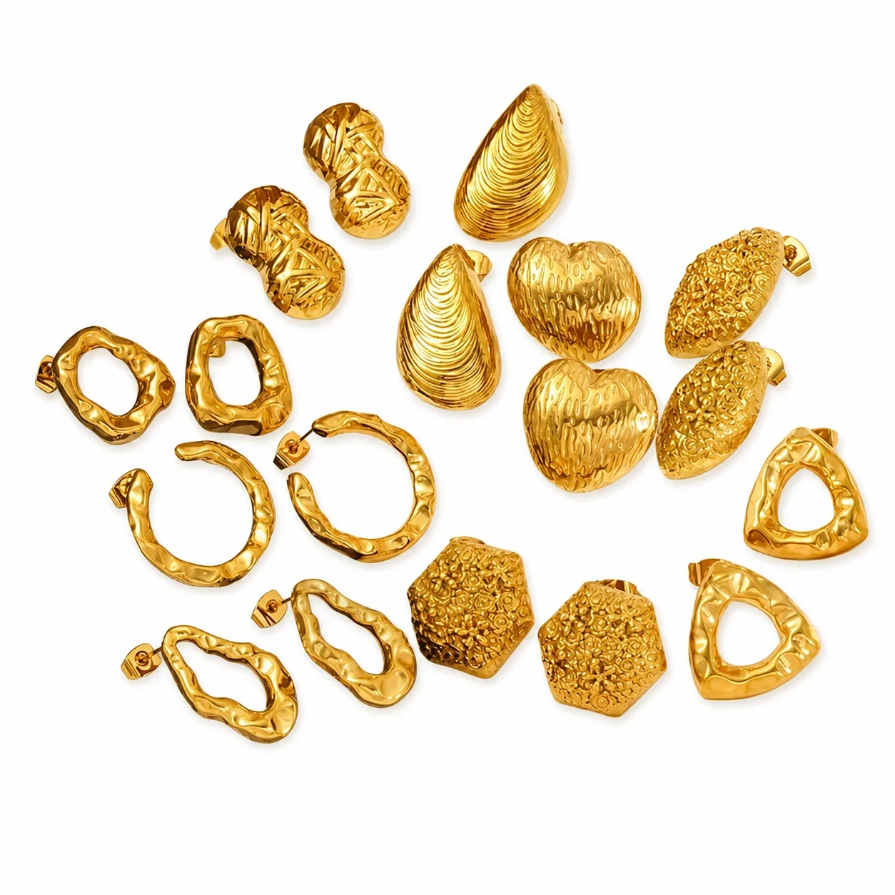 Hammered Gold-Plated Stainless Steel Open Hoop Earrings