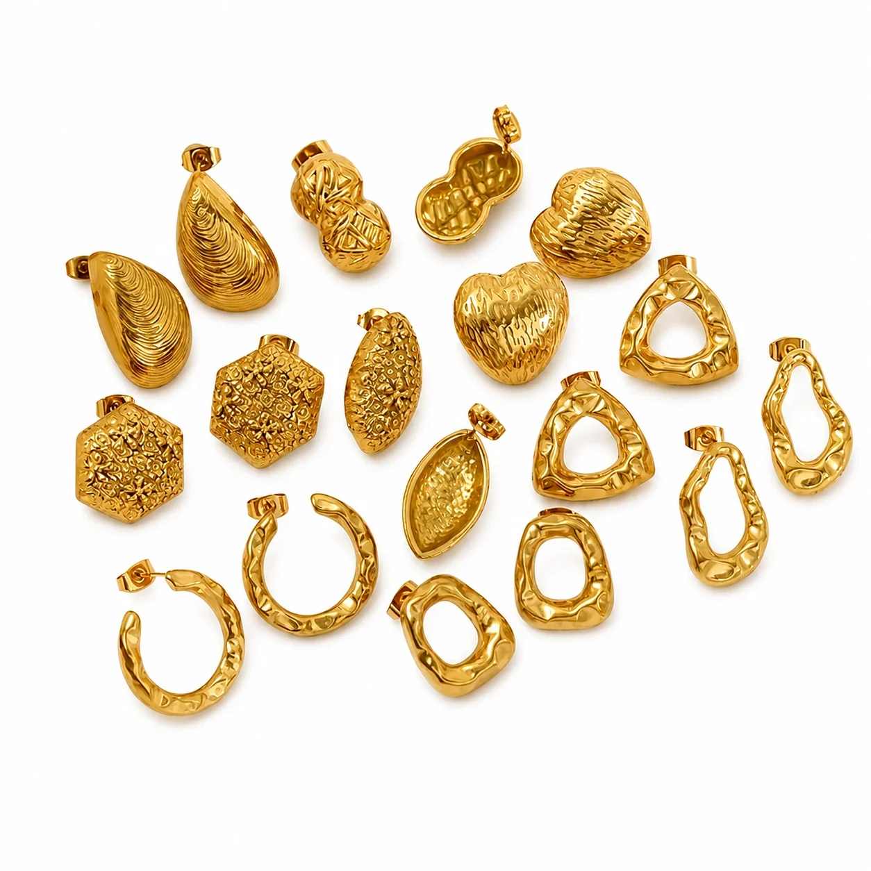 Hammered Gold-Plated Stainless Steel Open Hoop Earrings