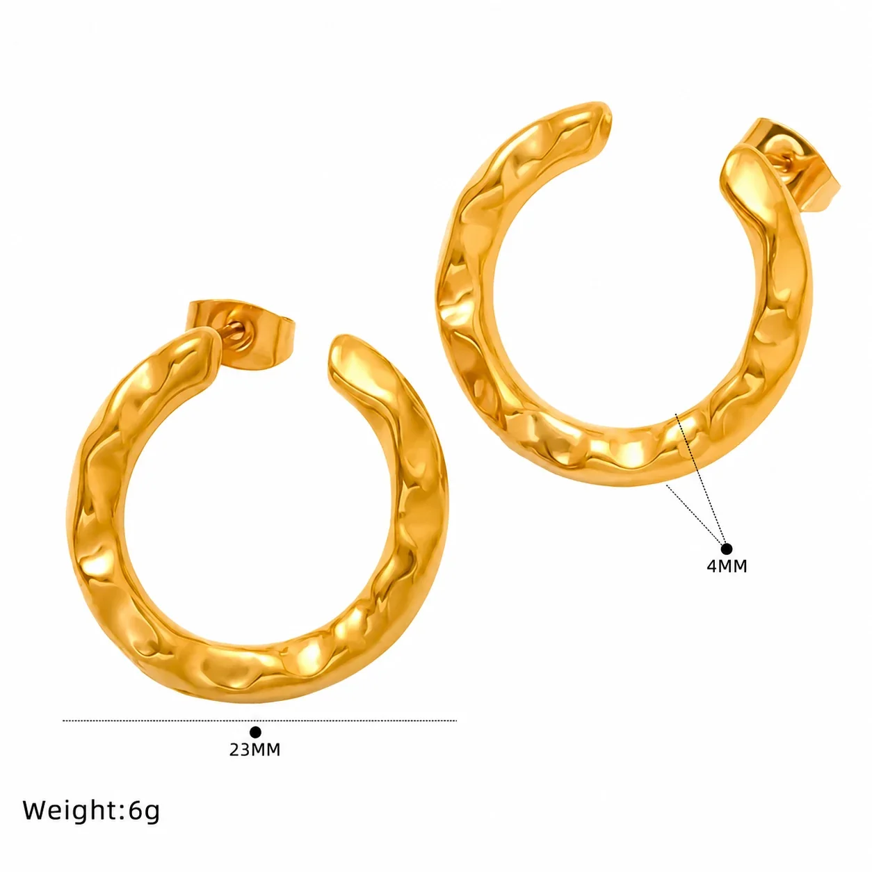 Hammered Gold-Plated Stainless Steel Open Hoop Earrings