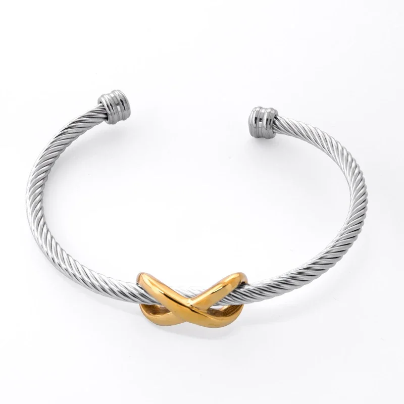 Cuff Bracelet with Twisted Cable and Knot, Stainless Steel